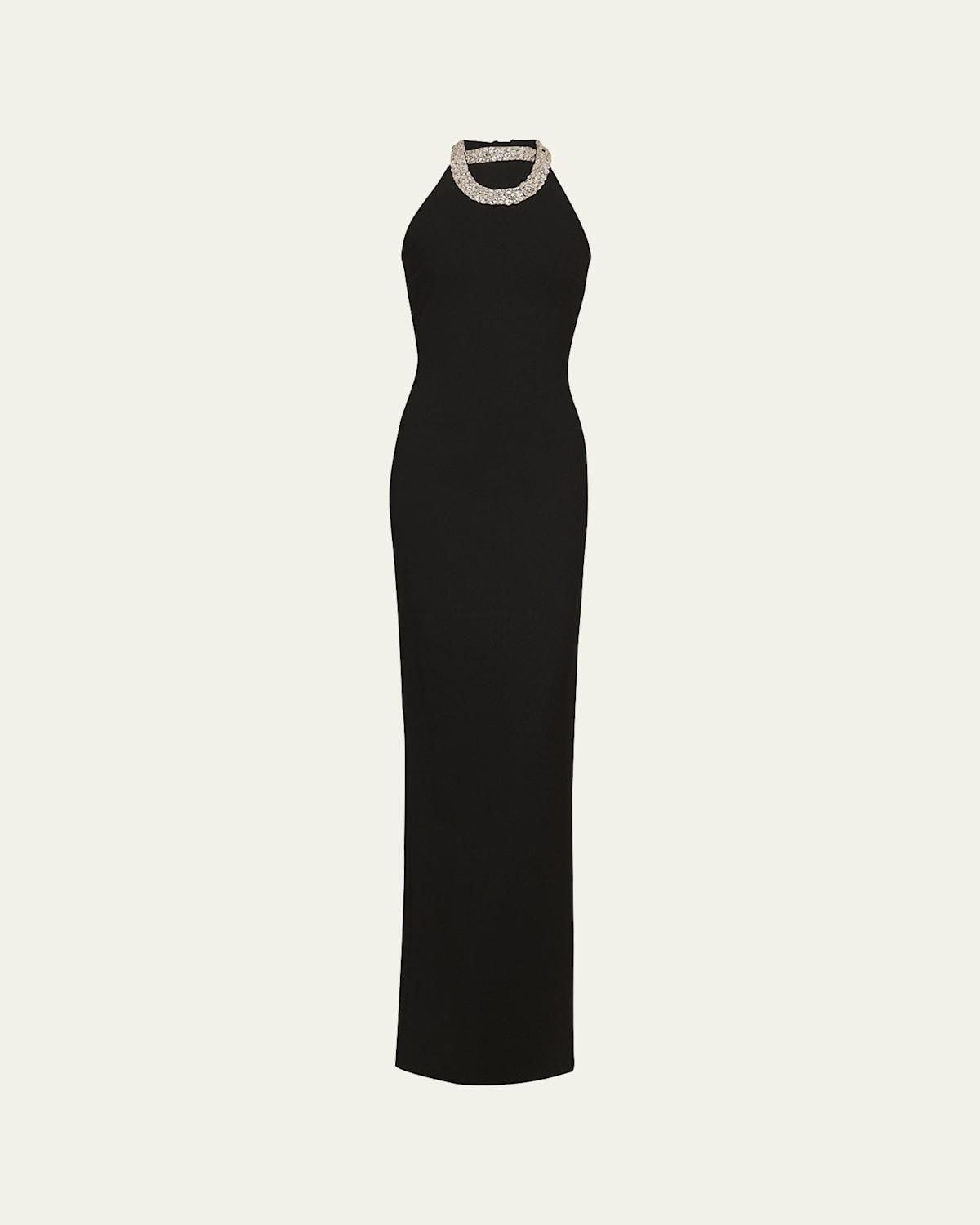 BALMAIN Faux Pearl-embellished Halterneck Velvet Gown In Black Product Image
