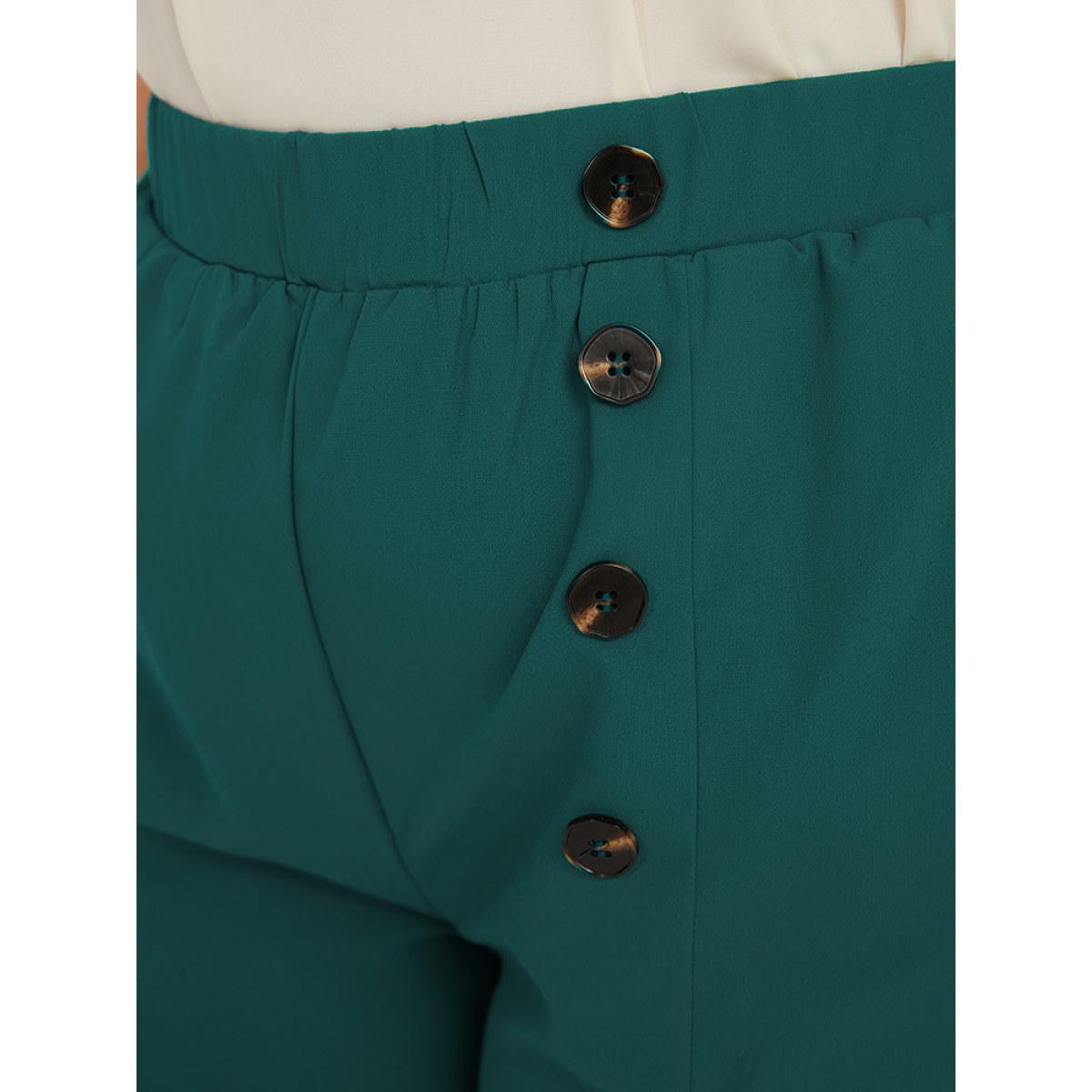 Plus Size Solid Pleated Button Detail Straight Leg Pants Women ArmyGreen Office Straight Leg High Rise Office Pants BloomChic 28/5X Product Image