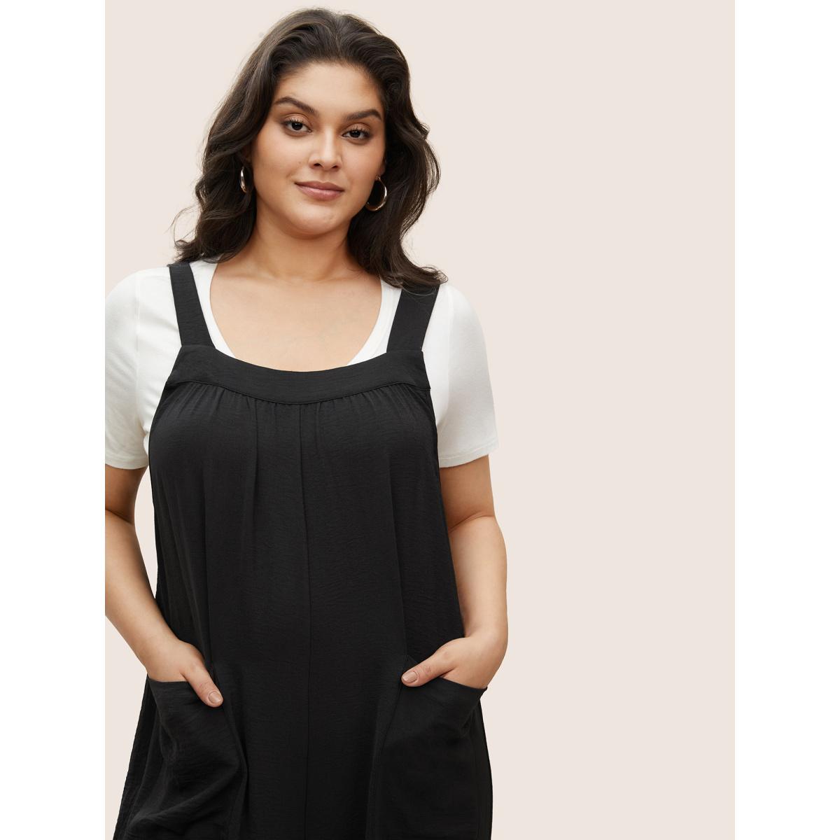 Plus Size Black Plain Pleated Wide Leg Jumpsuit Women Casual Sleeveless Square Neck Everyday Loose Jumpsuits BloomChic 18-20/2X Product Image
