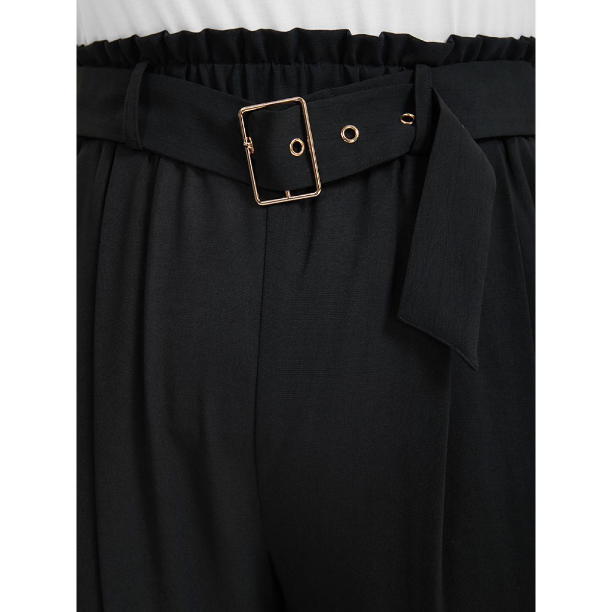 Plus Size Solid Pocket Belted Elastic Waist Pants Women Black Casual High Rise Dailywear Pants BloomChic 14-16/1X Product Image