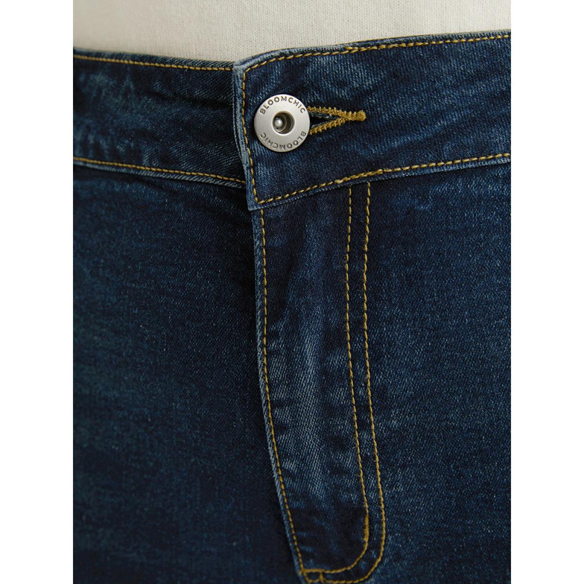 Plus Size Bootcut Slightly Stretchy High Rise Dark Wash Distressed Jeans Women DarkBlue Casual Plain Plain Low stretch Pocket Jeans BloomChic 26/4X Product Image