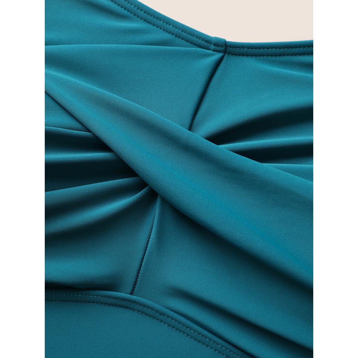 Plus Size Solid Twist Front Heart Neckline Swim Dress Women's Swimwear Teal Beach Bodycon Heart neckline High stretch Curve Swim Dresses BloomChic 10/M Product Image