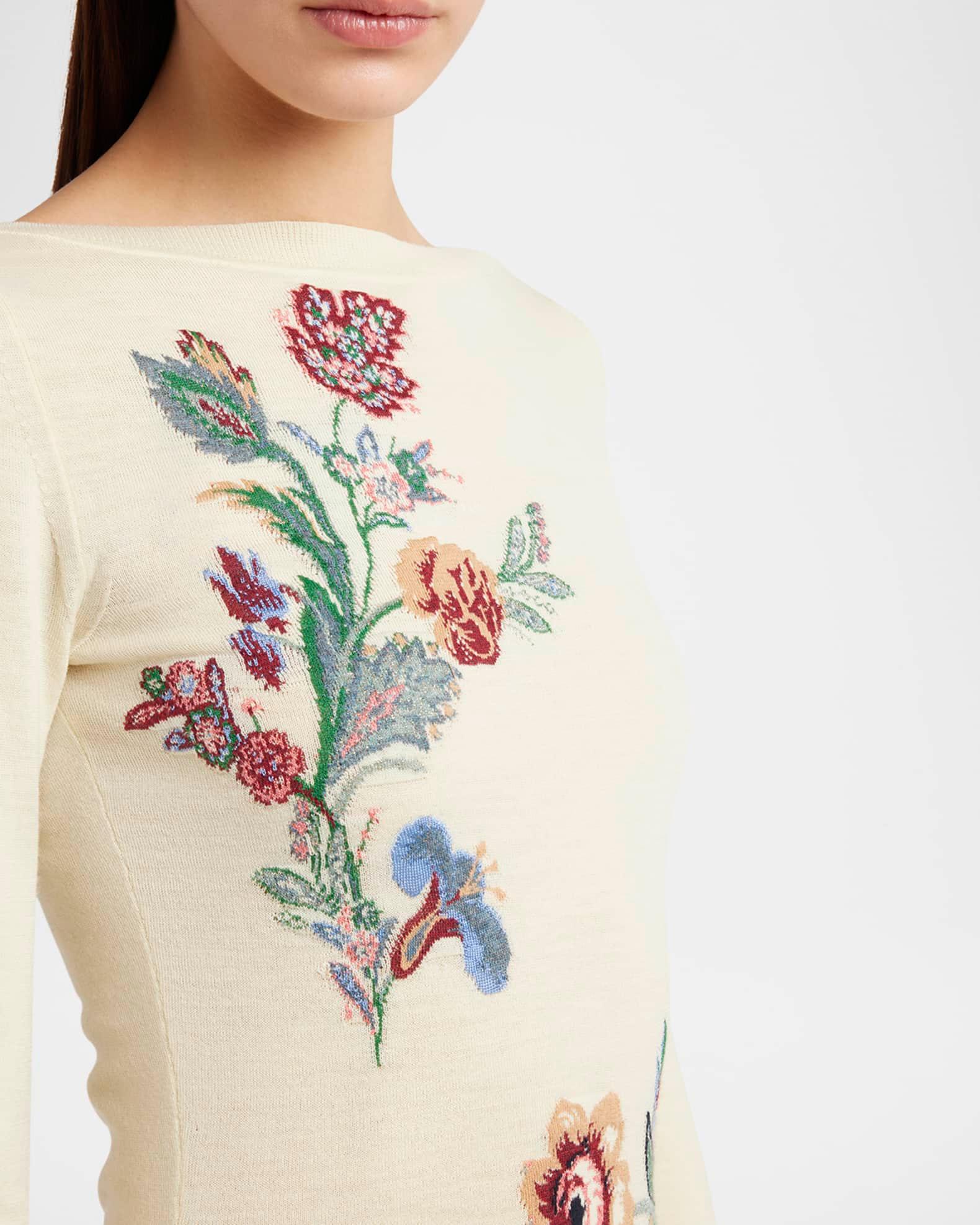 Boat-Neck Floral Linen Knit Sweater Product Image