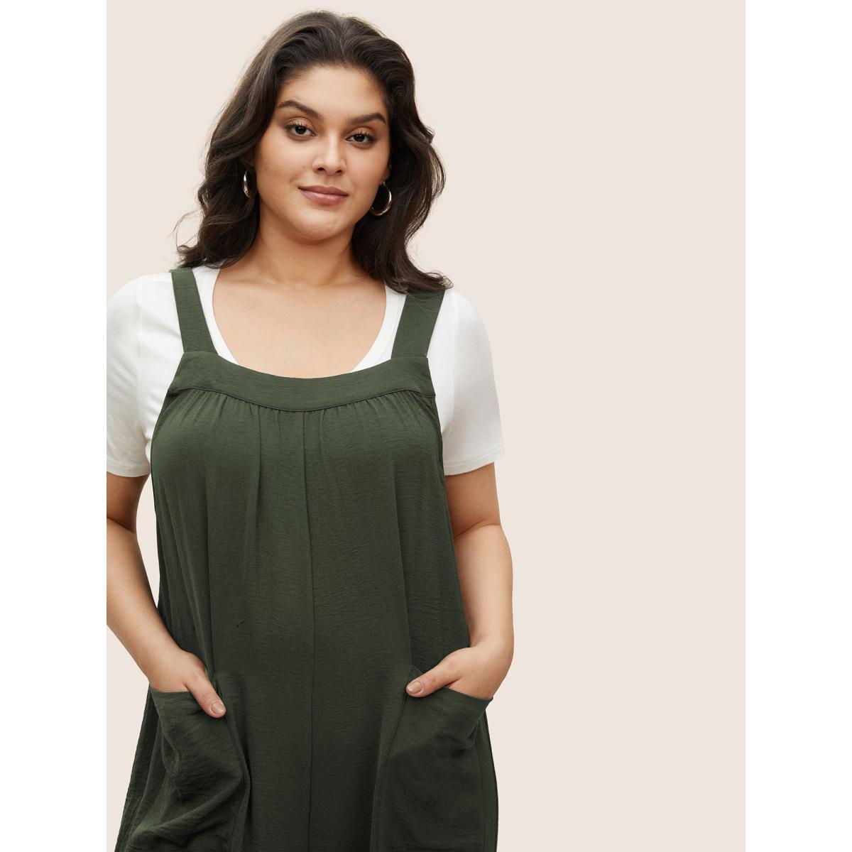 Plus Size ArmyGreen Plain Pleated Wide Leg Jumpsuit Women Casual Sleeveless Square Neck Everyday Loose Jumpsuits BloomChic 30/6X Product Image