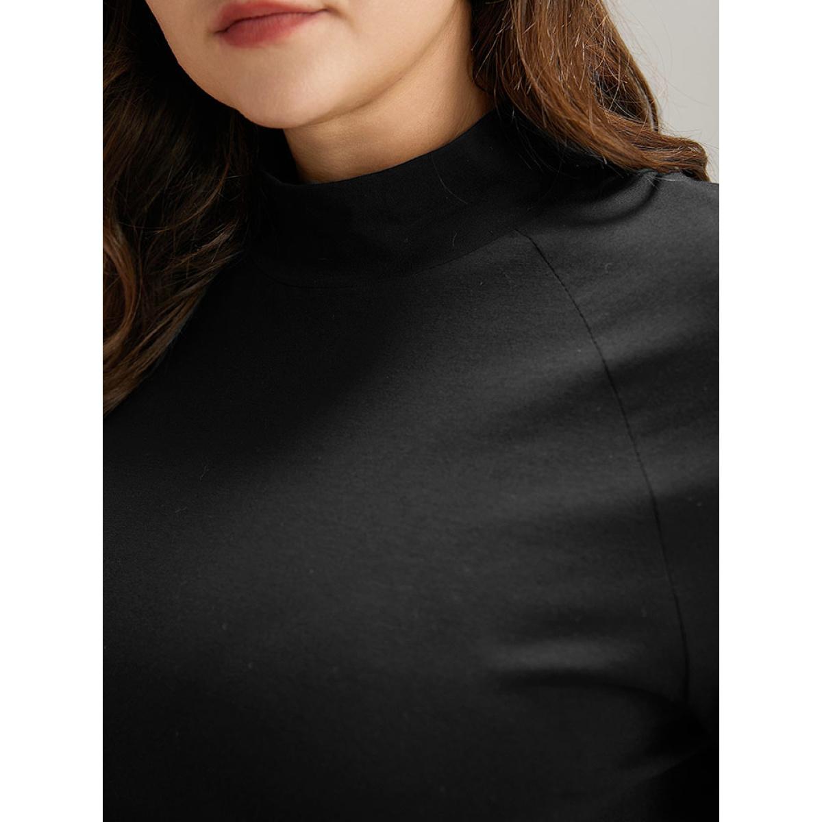 Plus Size Cotton Mock Neck Raglan Sleeve T-shirt Black Women Elegant Plain Plain Mock Neck Dailywear T-shirts BloomChic 10/M Product Image