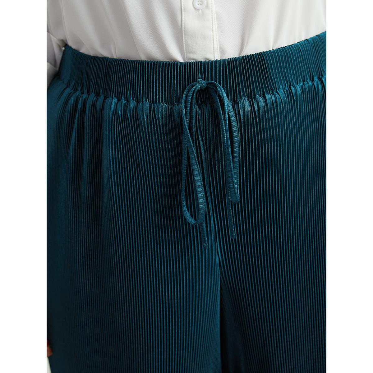 Plus Size Solid Ties Plested Straight Leg Pants Women Cyan Office Wide Leg High Rise Dailywear Pants BloomChic 22-24/3X Product Image