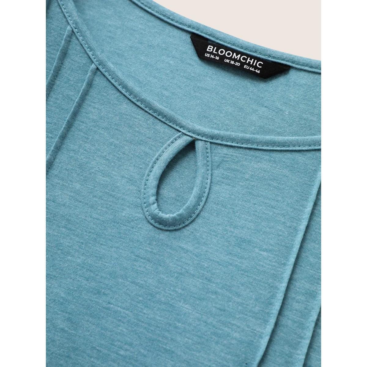 Plus Size Solid Seam Detail Keyhole T-shirt LightBlue Women Casual Pleated Round Neck Everyday T-shirts BloomChic 10/M Product Image