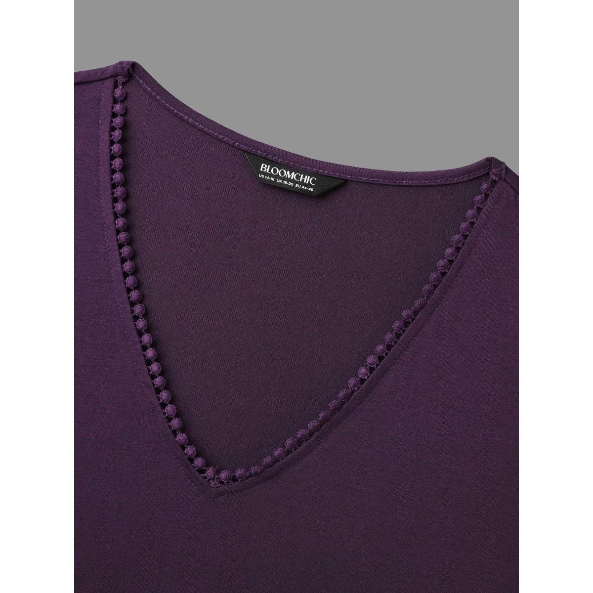 Plus Size V Neck Plain Crochet Lace Mesh Dress Deeppurple Women Elegant Woven ribbon&lace trim Knit Dresses Bloomchic 12/L Product Image