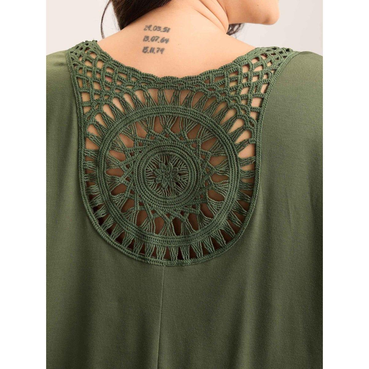 Plus Size Cut-Out Back Detail Plain T-Shirt ArmyGreen Women Roll Hem V-neck Everyday-Casual T-shirts BloomChic 10/M Product Image