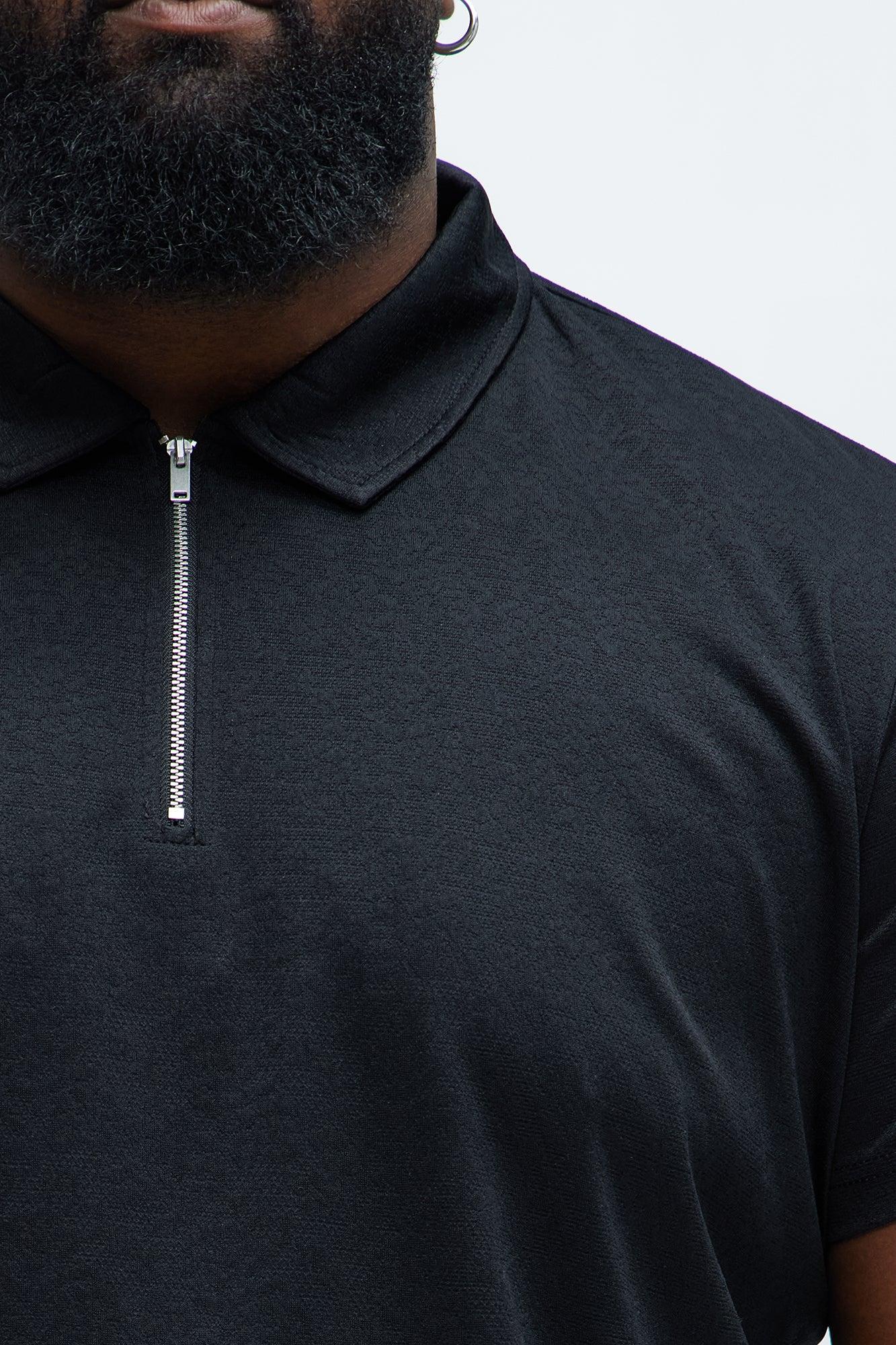 Jacquard Floral Knit Quarter Zip Polo Shirt - Black Product Image