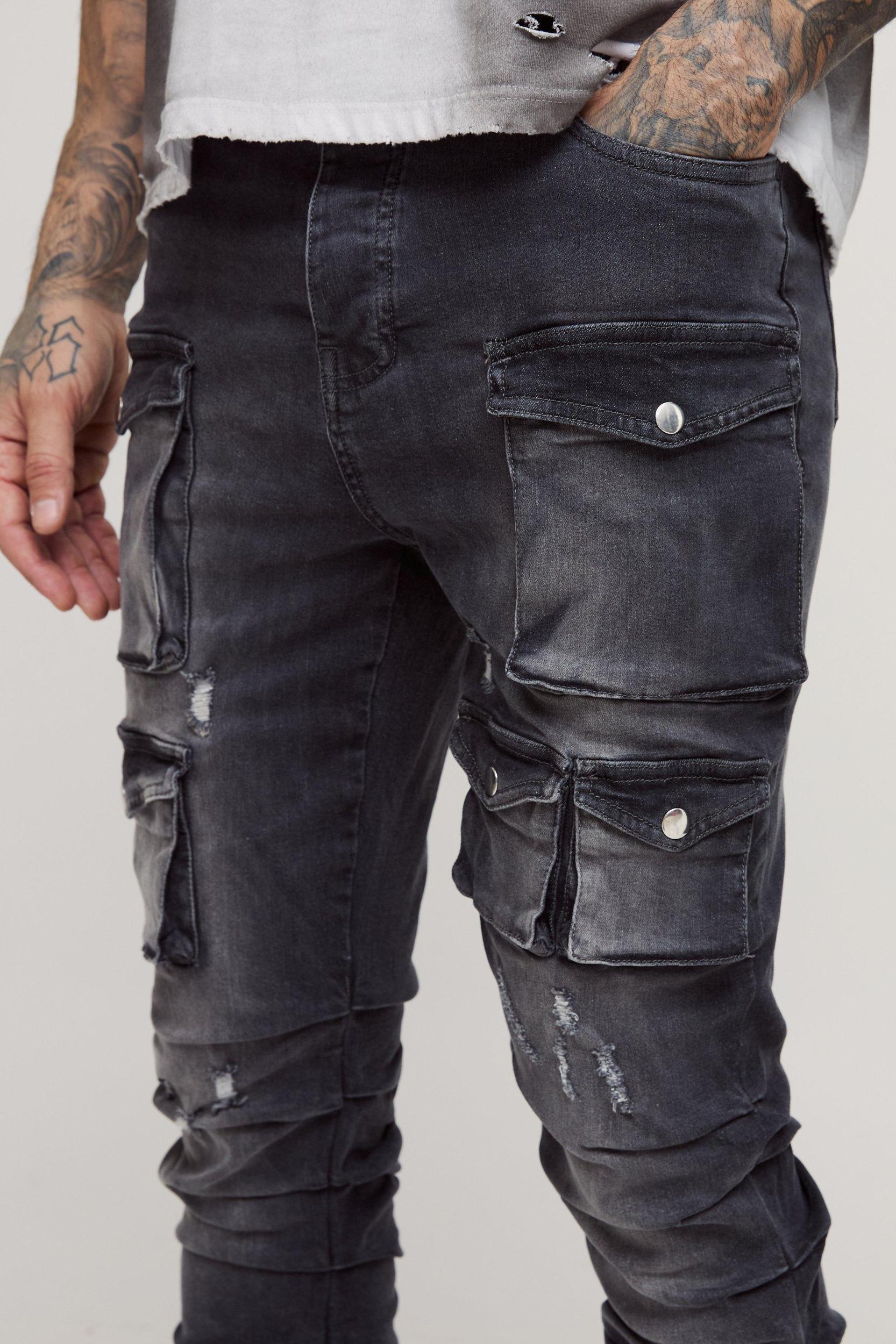 Tall Stacked Multi Cargo Pocket Flared Jeans | boohooMAN USA Product Image