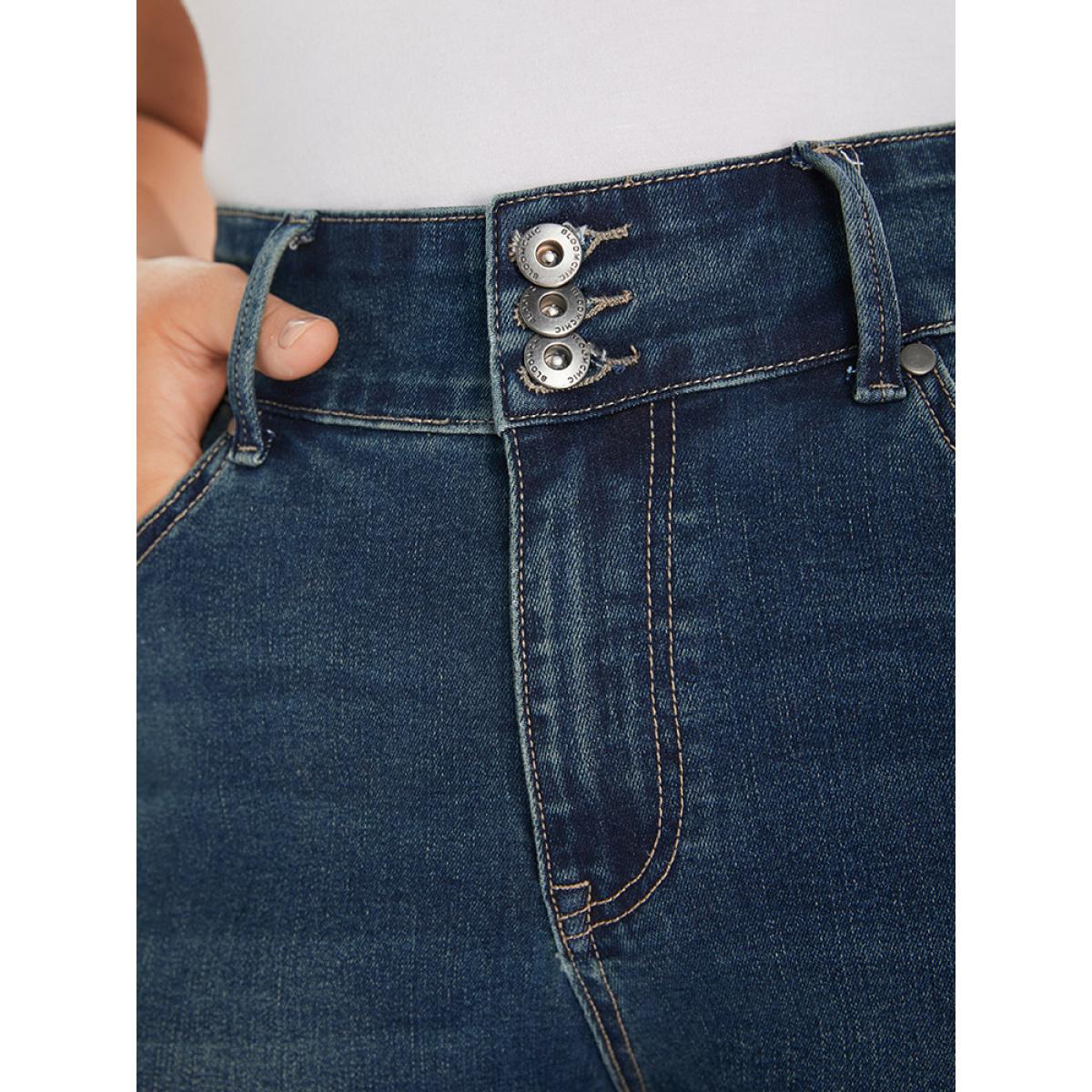 Plus Size Skinny Very Stretchy Mid Rise Dark Wash Sculpt Waist Jeans Women DarkBlue Casual Plain Tummy control High stretch Pocket Jeans BloomChic 24/3X Product Image