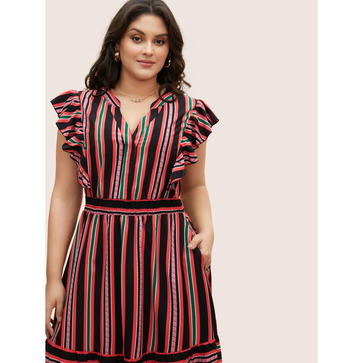 Plus Size Contrast Striped Ruffle Cap Sleeve Dress Black Women Elegant Ruffles Notched collar Cap Sleeve Curvy BloomChic 22-24/3X Product Image