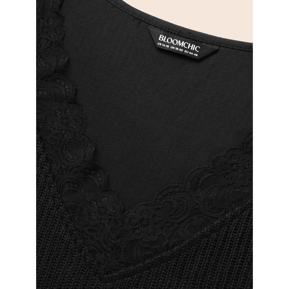 Plus Size Textured V Neck Lace Patchwork Sweatshirt Women Black Elegant Texture Loose V-neck Everyday Sweatshirts BloomChic 14-16/1X Product Image