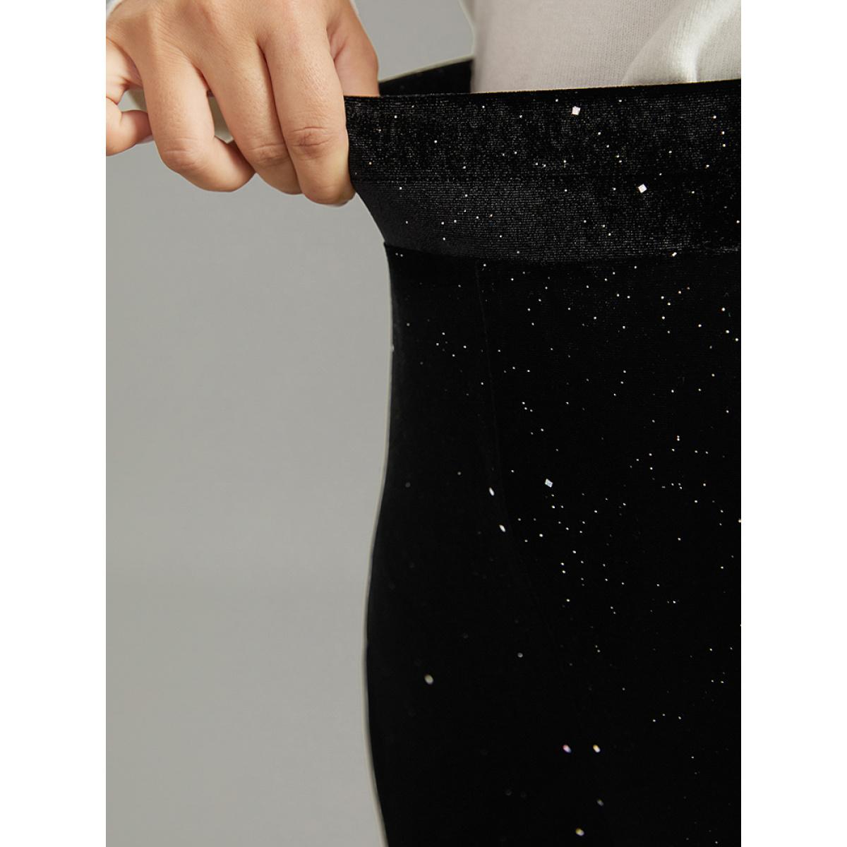 Plus Size Velvet Glitter Patchwork Pocket Flare Leg Pants Women Black Glamour Flare Leg High Rise Festival-Christmas Pants BloomChic 22-24/3X Product Image
