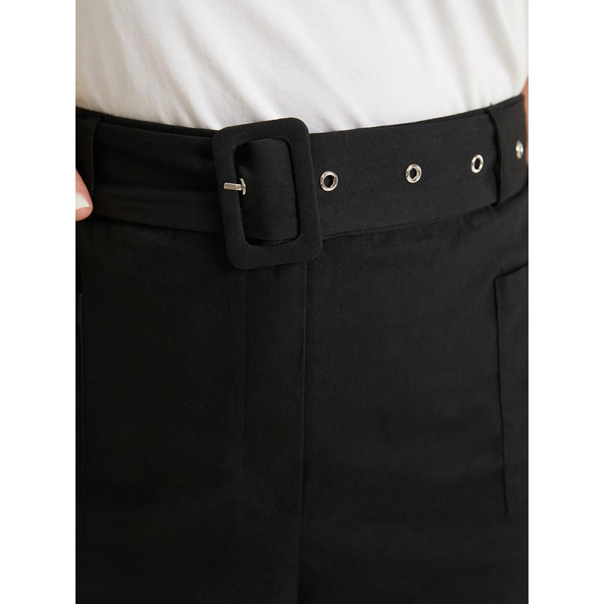 Plus Size Solid Pocket Eyelet Detail Buckle Belted Pants Women Black Office Wide Leg High Rise Dailywear Pants BloomChic 30/6X Product Image