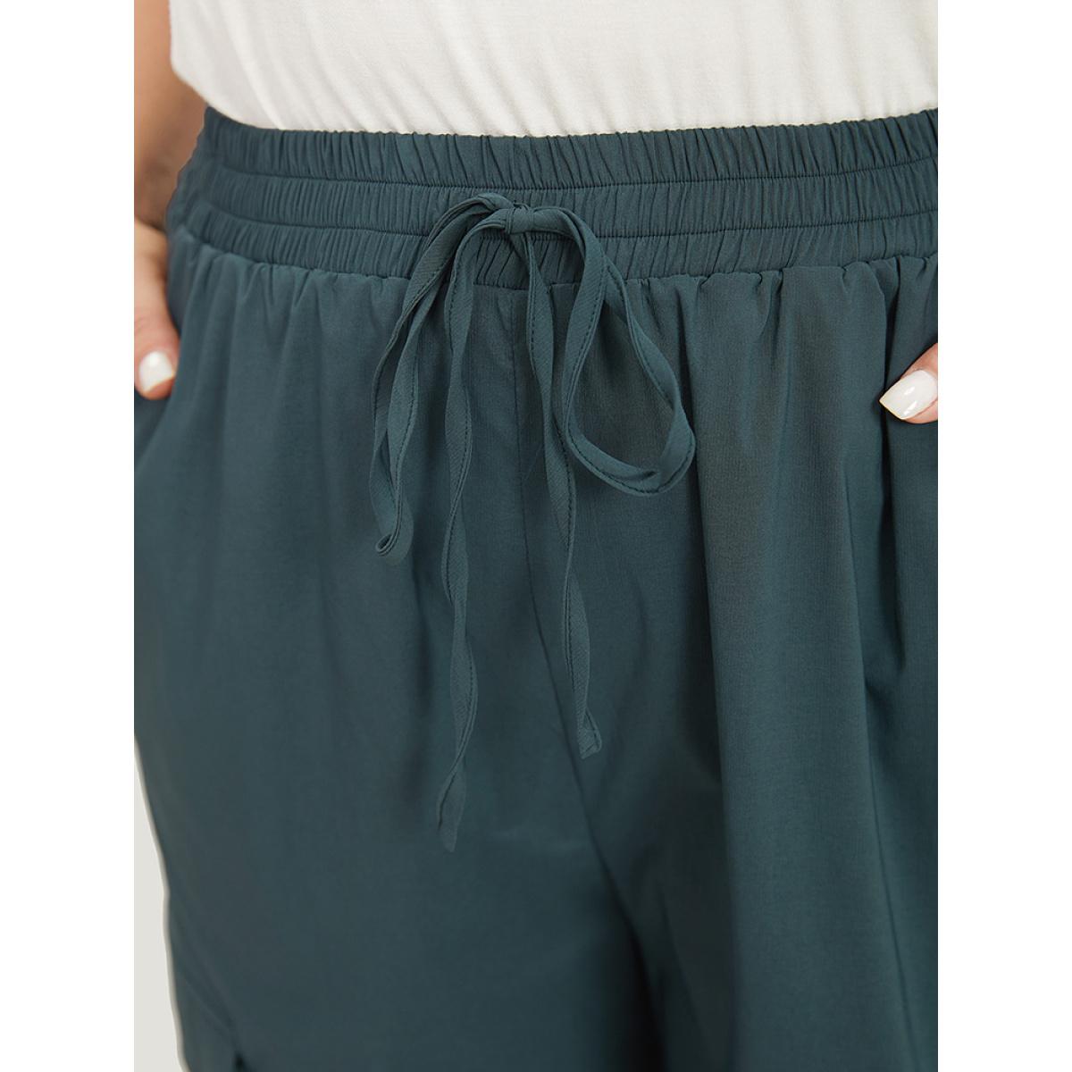 Plus Size Plain Drawstring Patched Pocket High Rise Pants Women DarkGreen Casual Straight Leg High Rise Dailywear Pants BloomChic 14-16/1X Product Image