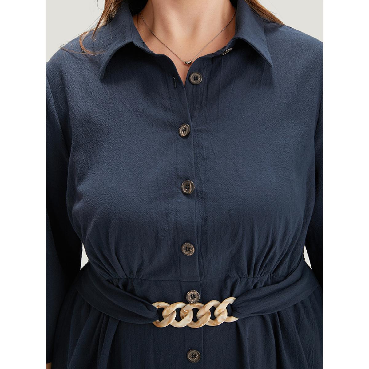 Plus Size Solid Pocket Metal Buckle Detail Shirt Collar Dress Navy Women Office Plain Shirt collar Elbow-length sleeve Curvy Knee Dress BloomChic 26/4X Product Image