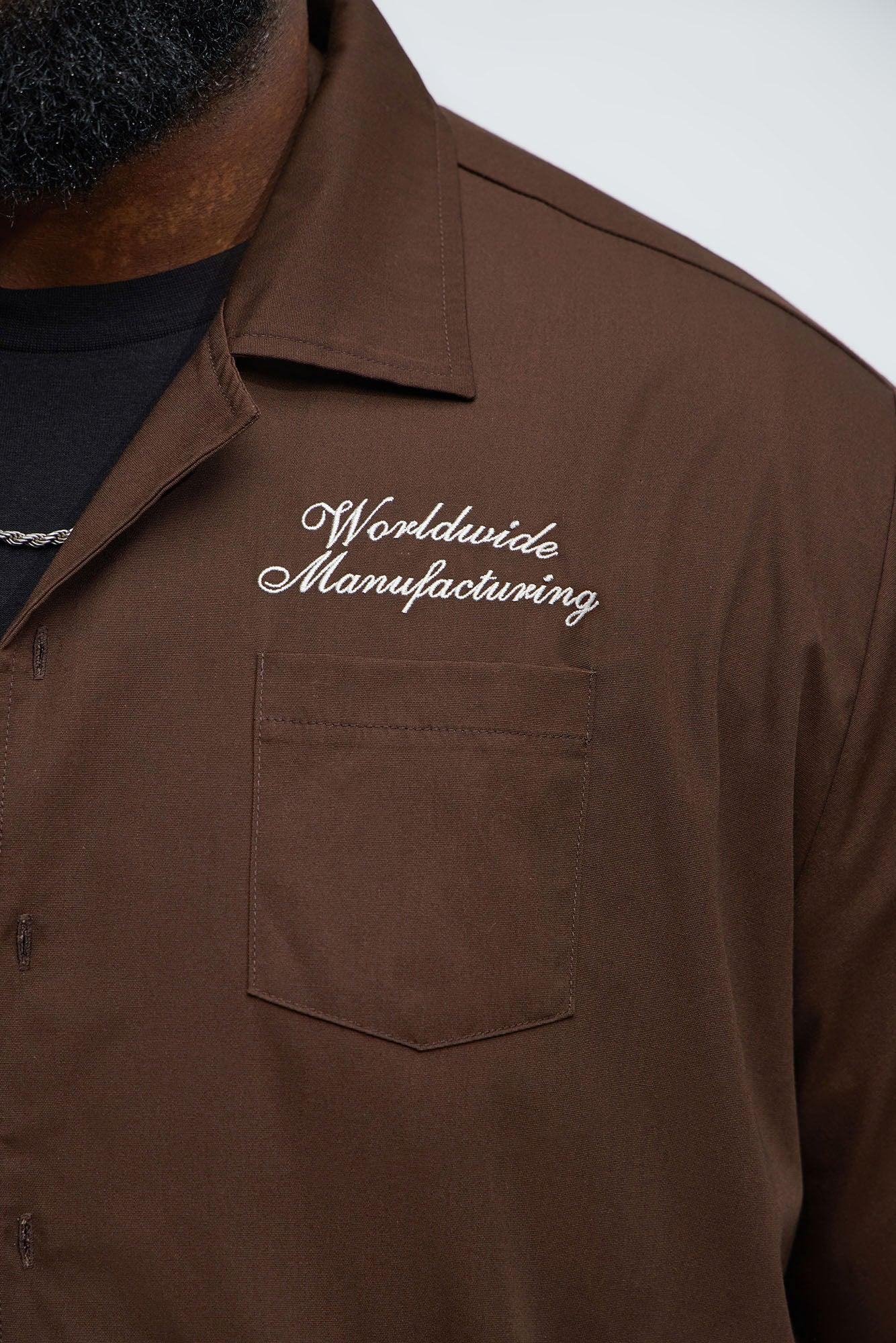 Cropped Worldwide Manufacturing Button Up Shirt - Dark Brown Male Product Image