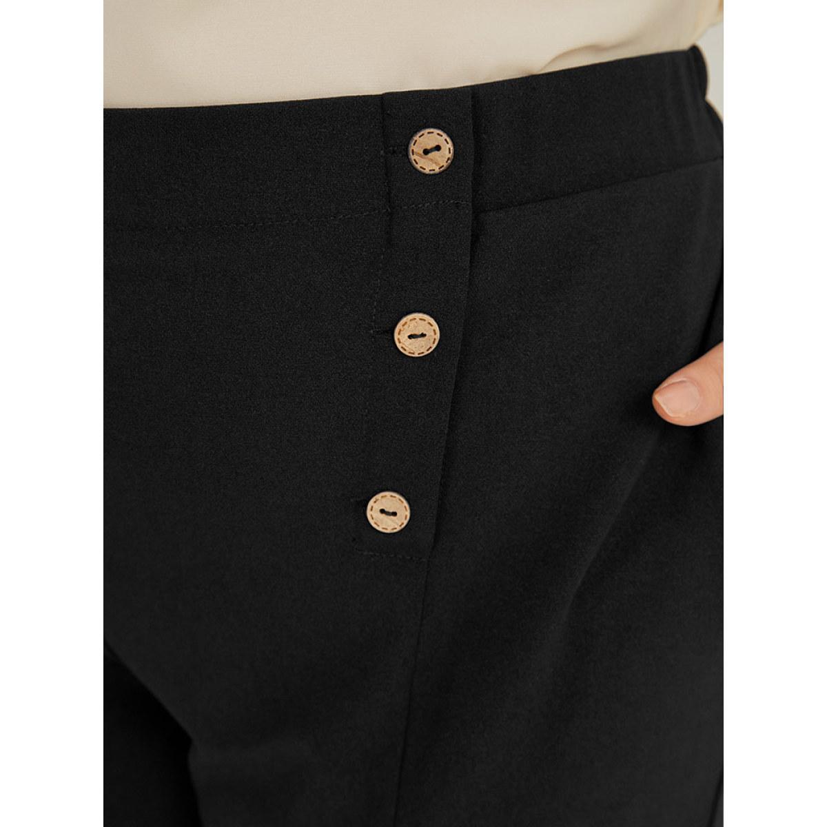 Plus Size Solid Elastic Waist Pocket Button Detail Pants Women Black Office High Rise Office Pants BloomChic 28/5X Product Image