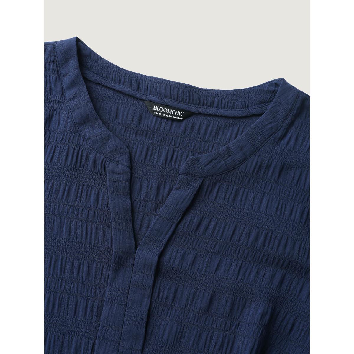 Plus Size Indigo Notched Collar Textured Solid Blouse Women Leisure Extra Long Sleeve Flat collar with V-notch Casual Blouses BloomChic 26/4X Product Image