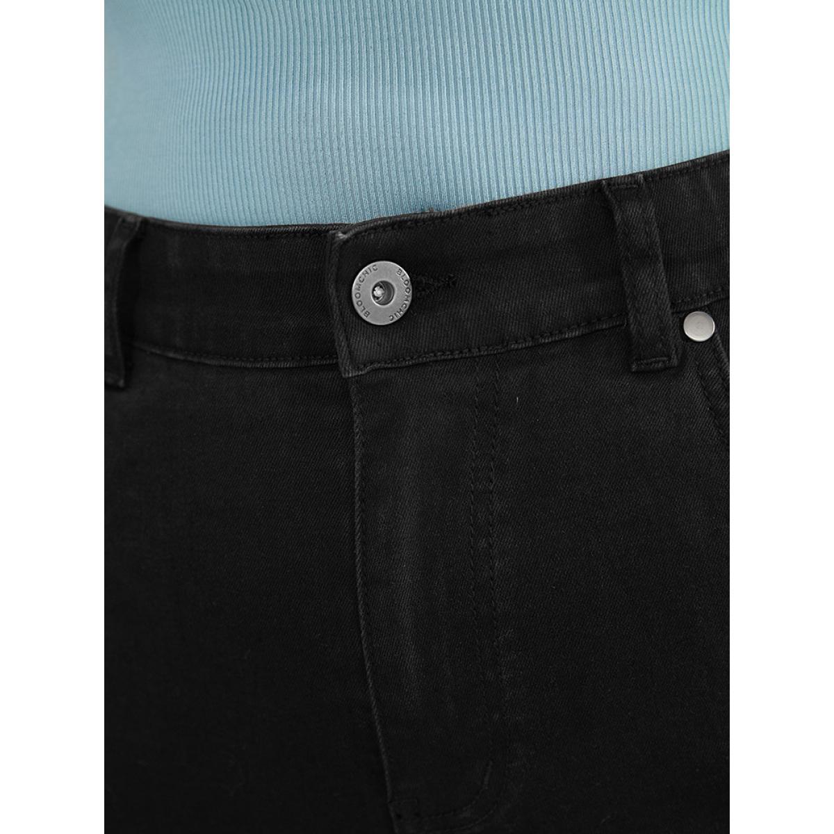 Plus Size Very Stretchy High Rise Black Wash Rivet Detail Knee Denim Shorts Women Black Casual Plain High stretch Pocket Jeans BloomChic 26/4X Product Image