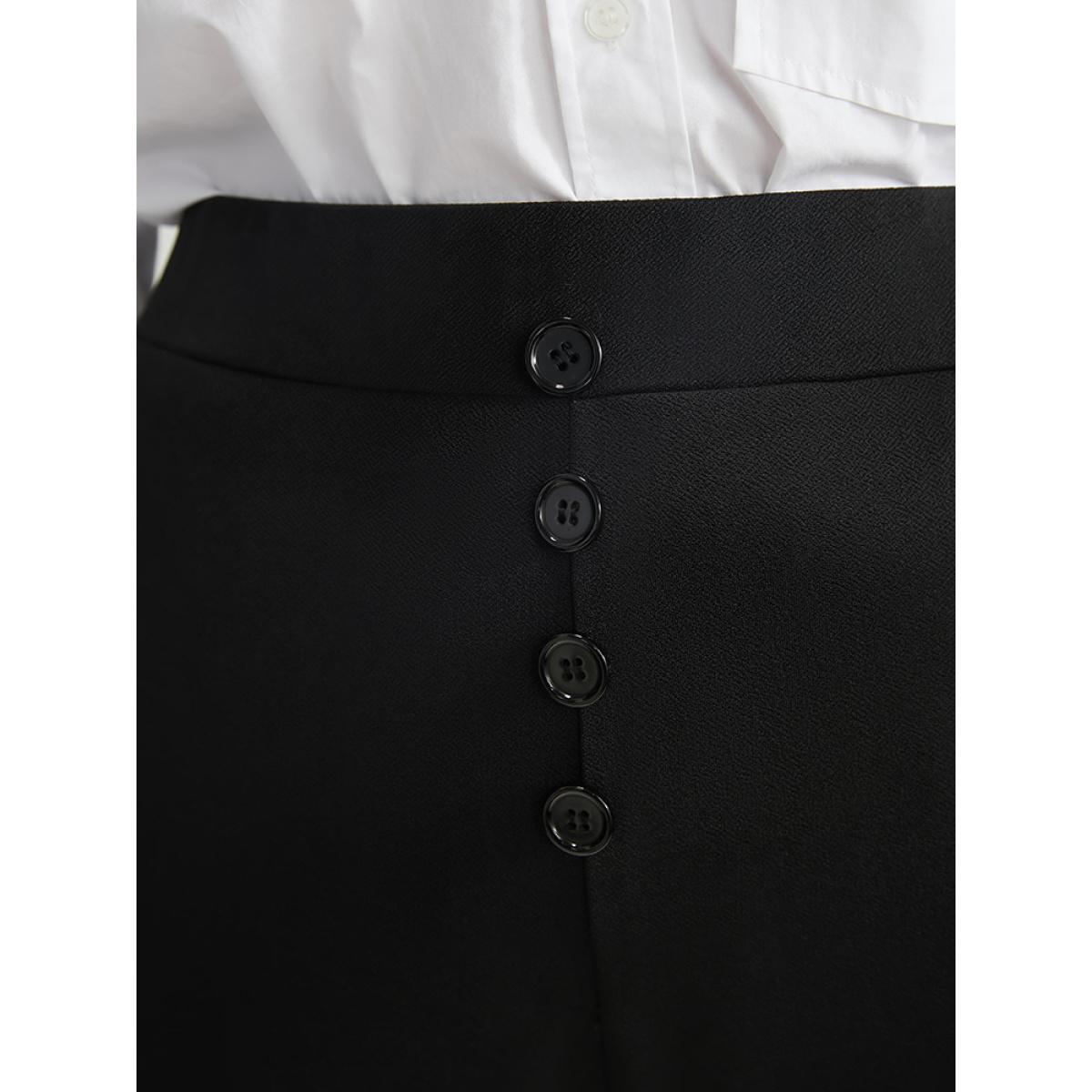 Plus Size Solid Elastic Waist Fake Button Pocket Pants Women Black Office High Rise Office Pants BloomChic 12/L Product Image