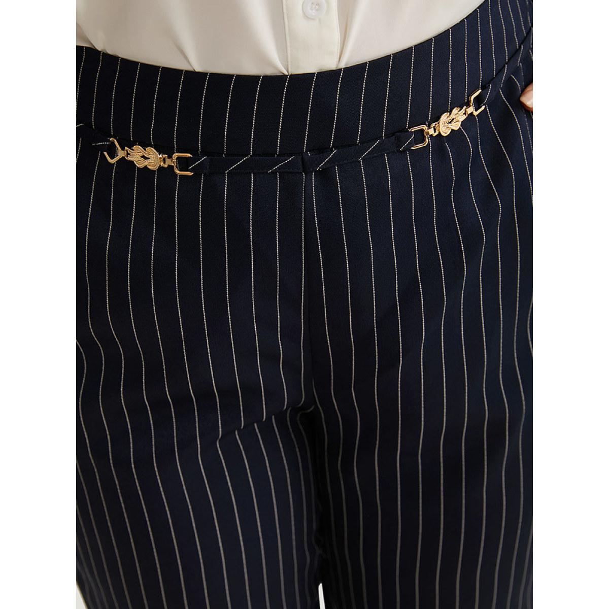 Plus Size Striped Mid Rise Buckle Detail Pants Women DarkBlue Office Straight Leg Mid Rise Work Pants BloomChic 22-24/3X Product Image