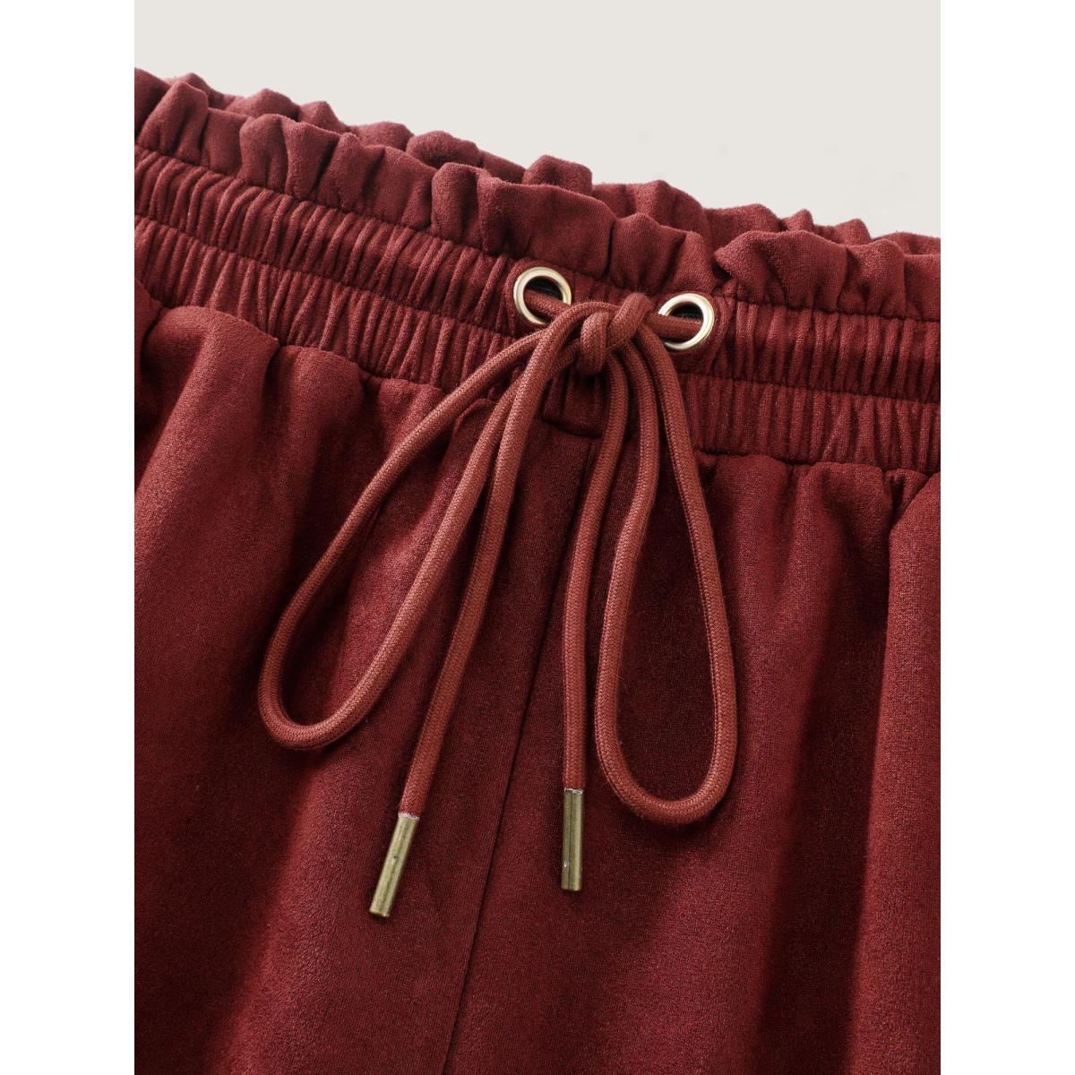 Plus Size Velvet Pockets Drawstring Waist Pants Women Maroon Leisure Straight Leg Mid Rise Casual Pants BloomChic 22-24/3X Product Image