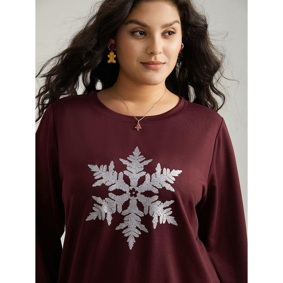 Plus Size Glitter Snowflake Round Neck Sweatshirt Women Scarlet Casual Elastic cuffs Festival-Halloween Sweatshirts BloomChic 18-20/2X Product Image