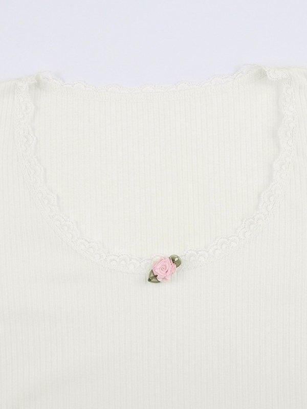 Lace Trim White Ribbed Knit Top Product Image