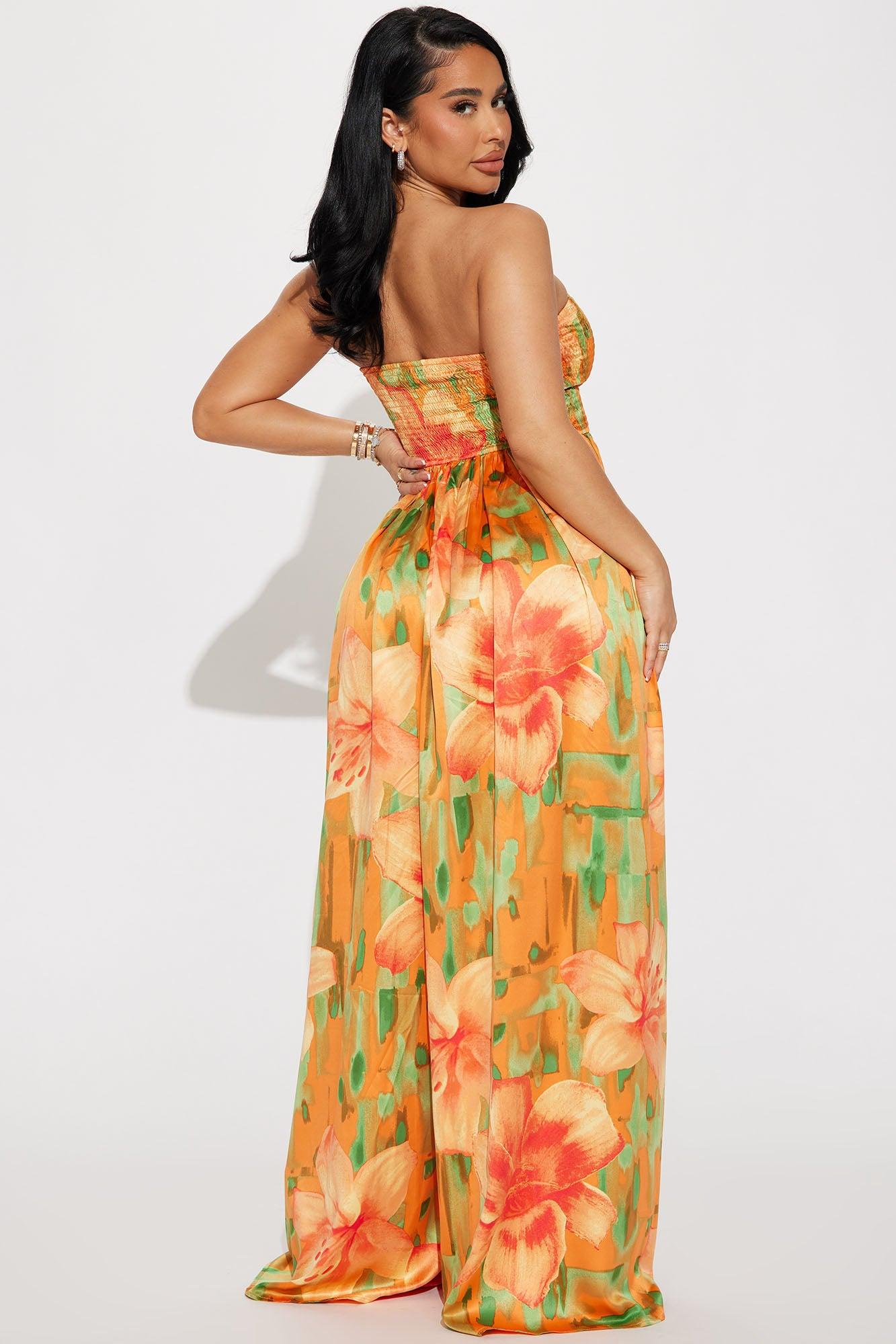 In The Flower Fields Satin Jumpsuit - Orange/combo Product Image