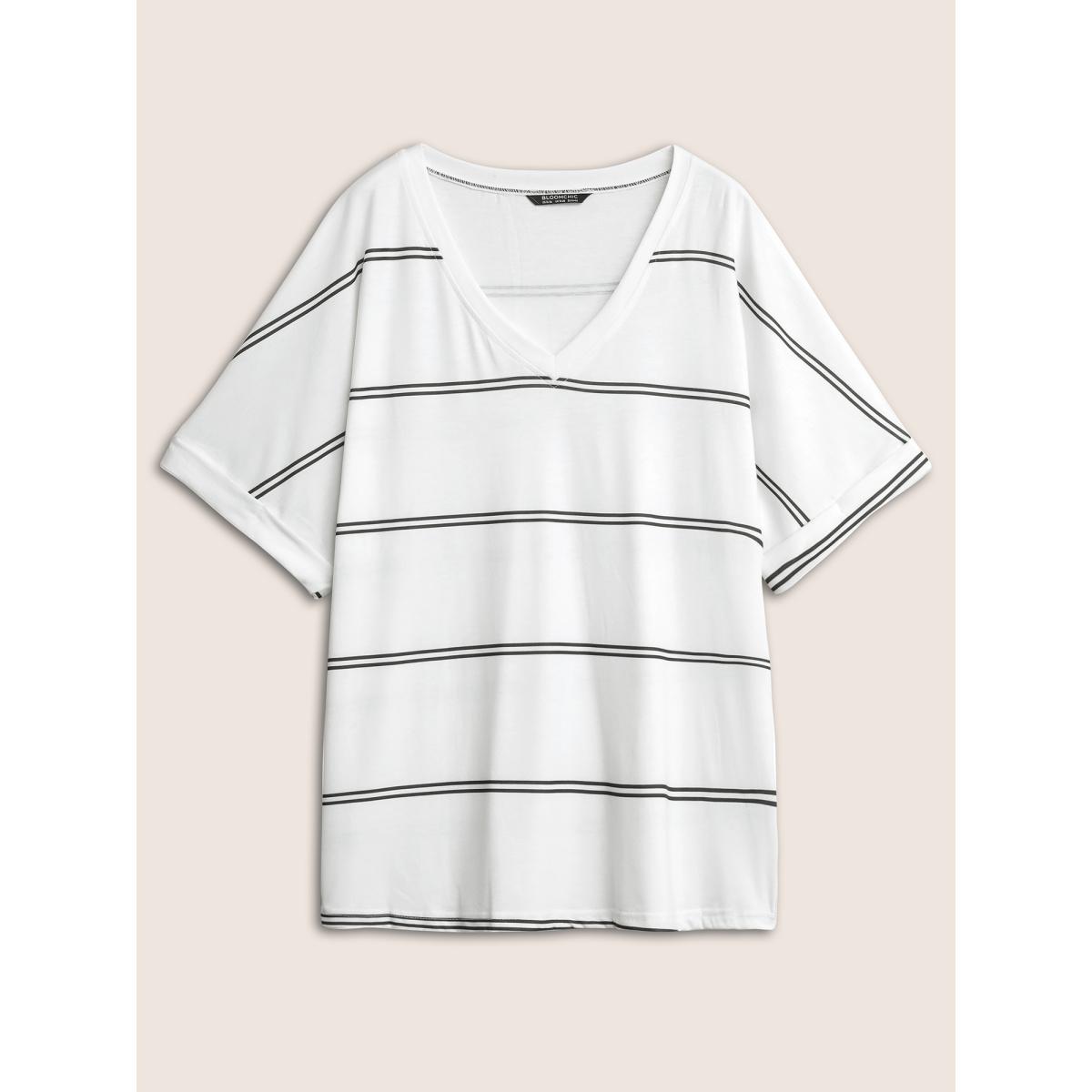 Plus Size Striped Contrast Dolman Sleeve T-shirt White Women Casual Striped V-neck Everyday T-shirts BloomChic 30/6X Product Image