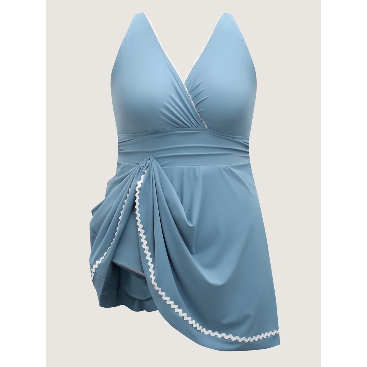 Plus Size Solid Webbed Surplice Swim Dress Women's Swimwear LightBlue Beach Bodycon Overlap Collar High stretch Curve Swim Dresses BloomChic 22-24/3X Product Image