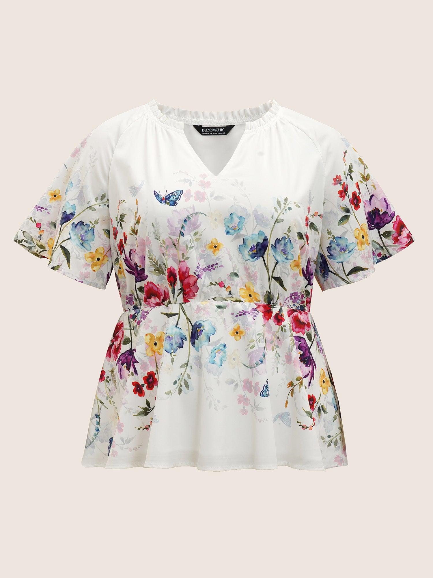 Floral Flat Collar With V Notch Frill Trim Blouse Female Product Image