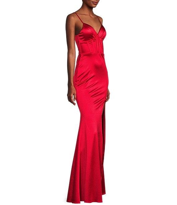 Midnight Doll Spaghetti Strap Corset Satin Gloves Long Dress Product Image