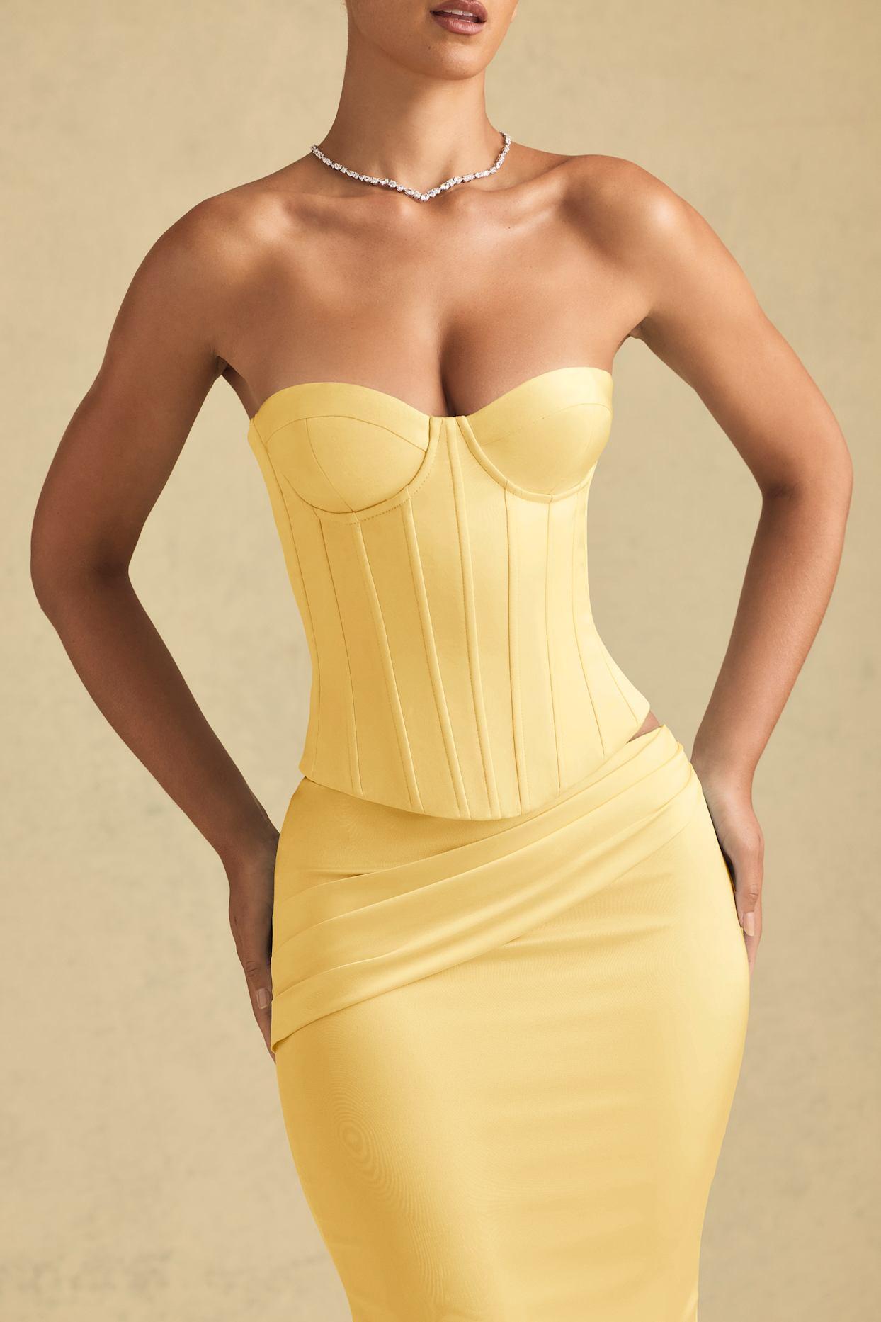 Full-Length Lace-Up Corset Top in Pastel Yellow Product Image