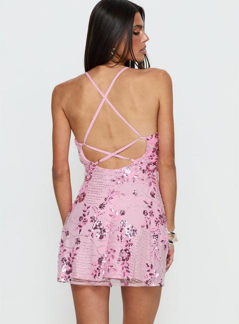 Steffie Beaded Backless Mini Dress Pink Product Image
