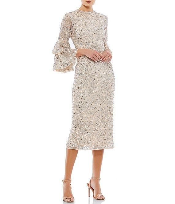 Mac Duggal Crew Neck Ruffle Tiered 3/4 Sleeve Sequin Midi Sheath Dress Product Image