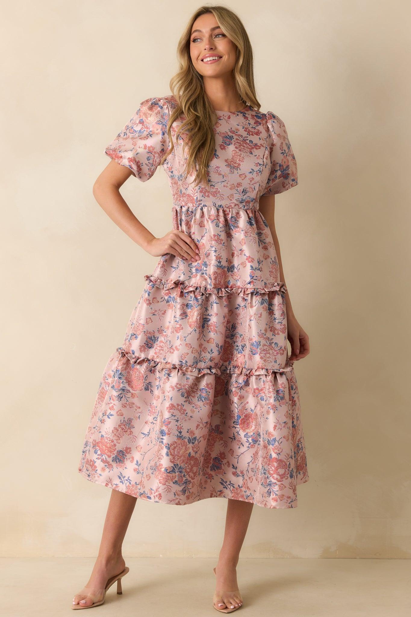 Follow My Lead Mauve Floral Jacquard Midi Dress L / Mauve Product Image
