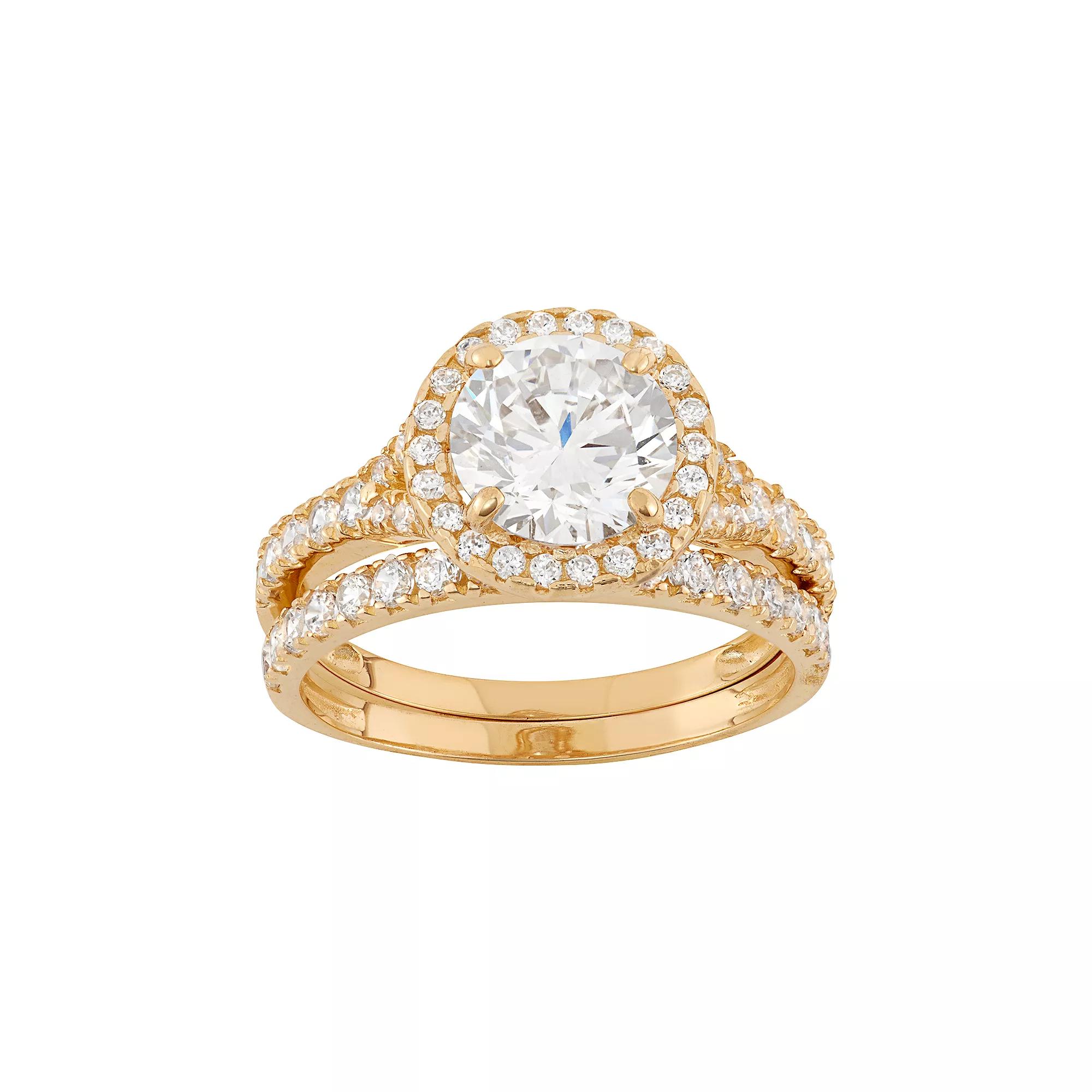 Cubic Zirconia Halo Engagement Ring Set in 10k Gold, Women's, Size: 5, Yellow Product Image