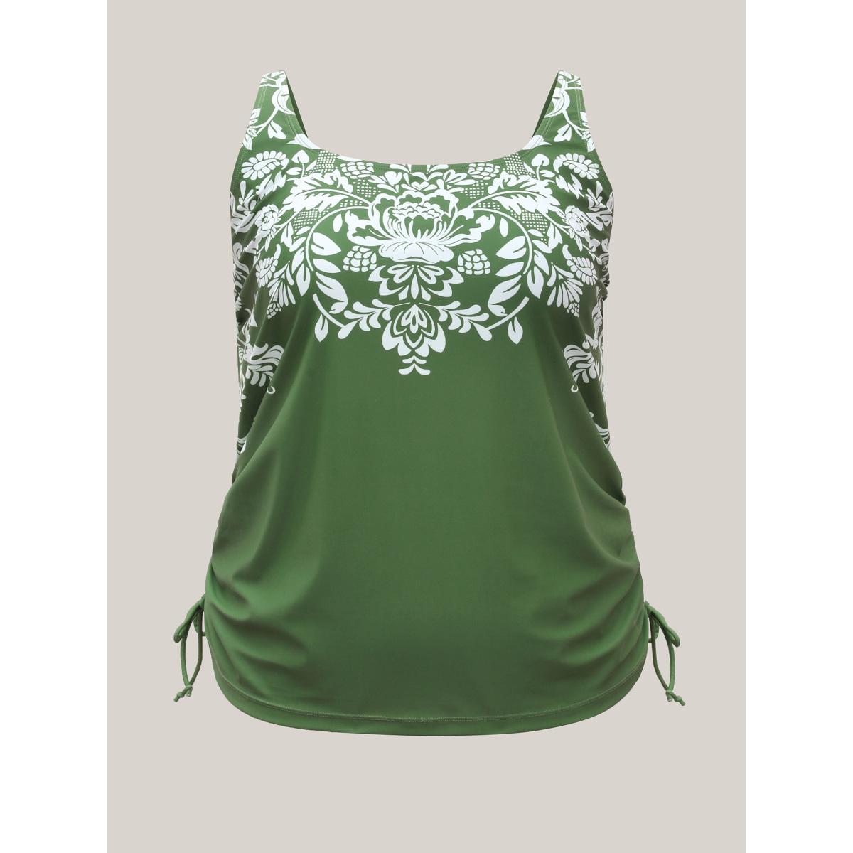 Plus Size Floral Print Side Drawstring Swim Top Women's Swimwear Truegreen Resort Drawstring High stretch Bodycon U-neck Curve Swim Tops BloomChic 12/L Product Image