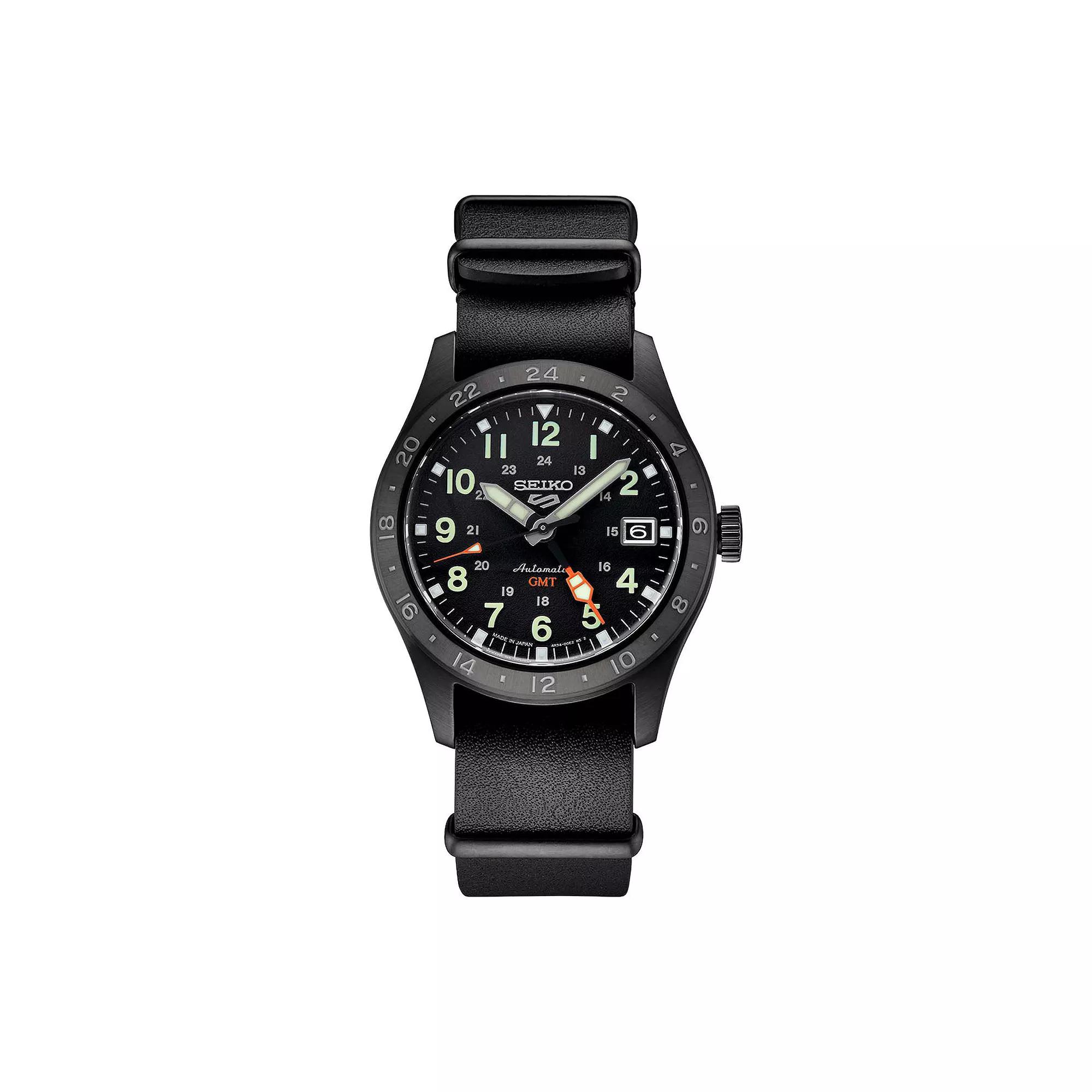 Men's Seiko 5 Sports Black Dial GMT Leather Band Automatic Watch - SSK025,  Product Image