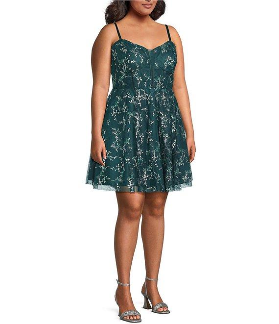 Blondie Nites Plus Size Glitter Pattern Mesh Illusion V-Neck Party Dress Product Image