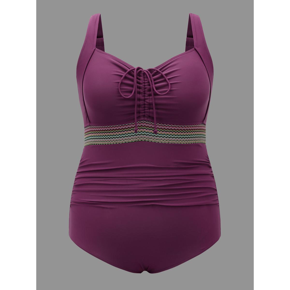 Plus Size Adjustable Drawstring Ruched Contrast Webbing One-Piece Swimsuit Women's Swimwear Deeppurple Beach Woven ribbon&lace trim Curve Bathing Suits High stretch One Pieces BloomChic 28/5X Product Image