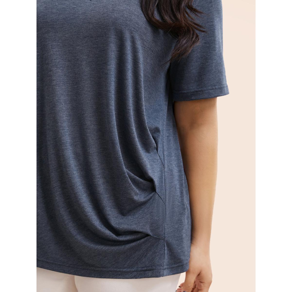 Plus Size Heather Plicated Detail V Neck Button Detail T-shirt Blue Women Casual Plain Plain V-neck Dailywear T-shirts BloomChic 10/M Product Image