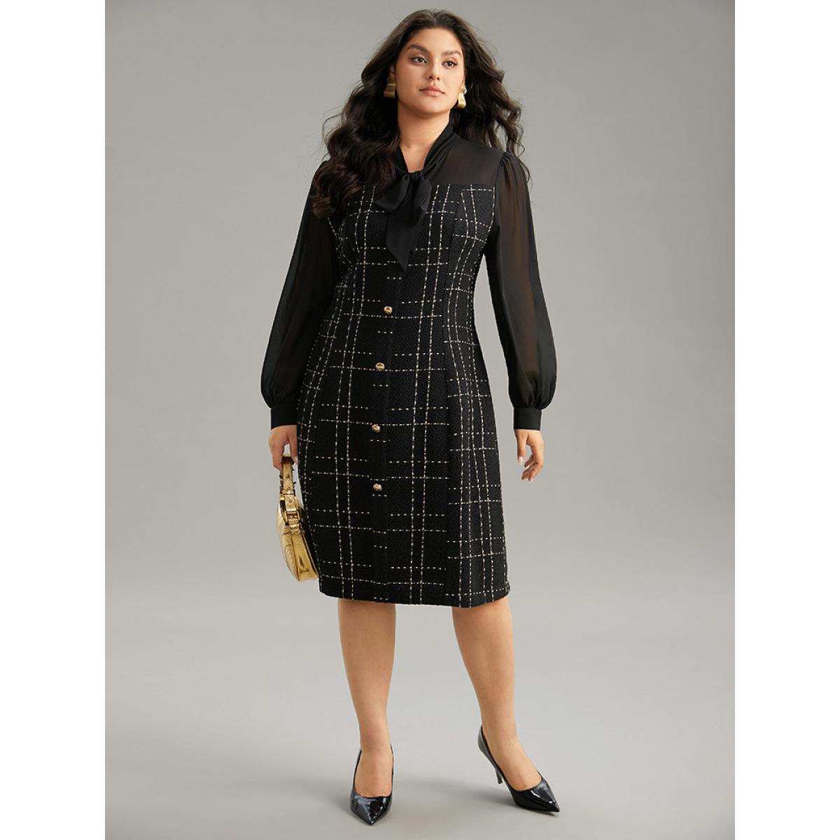 Plus Size Coarse Tweed Patchwork Chiffon Mesh Tie Neck Dress Black Women At the Office Texture Tie Neck Long Sleeve Curvy Midi Dress BloomChic 18-20/2X Product Image