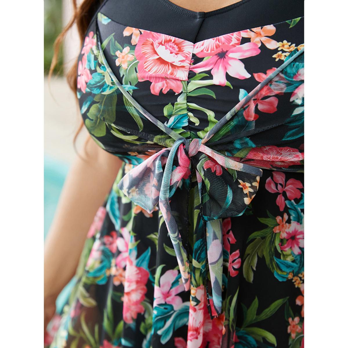 Plus Size Tropical Patchwork Flutter Hem Knot Front Swim Dress Women's Swimwear Black Vacation Bodycon V-neck High stretch Curve Swim Dresses BloomChic 18-20/2X Product Image