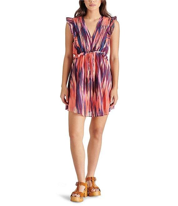 Steve Madden Althea Abstract Print V Neck Sleeveless Ruffle Mini Dress Product Image