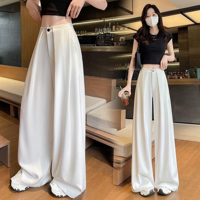 High Rise Plain Wide Leg Slacks Product Image